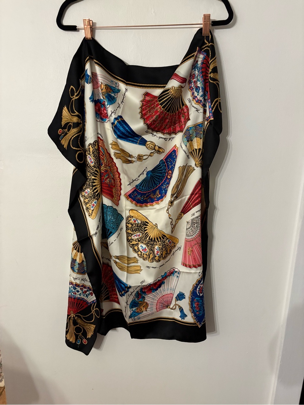 Avon Fan Print Silk-Feel Scarf in Cream, Black, Blue, Red & Gold